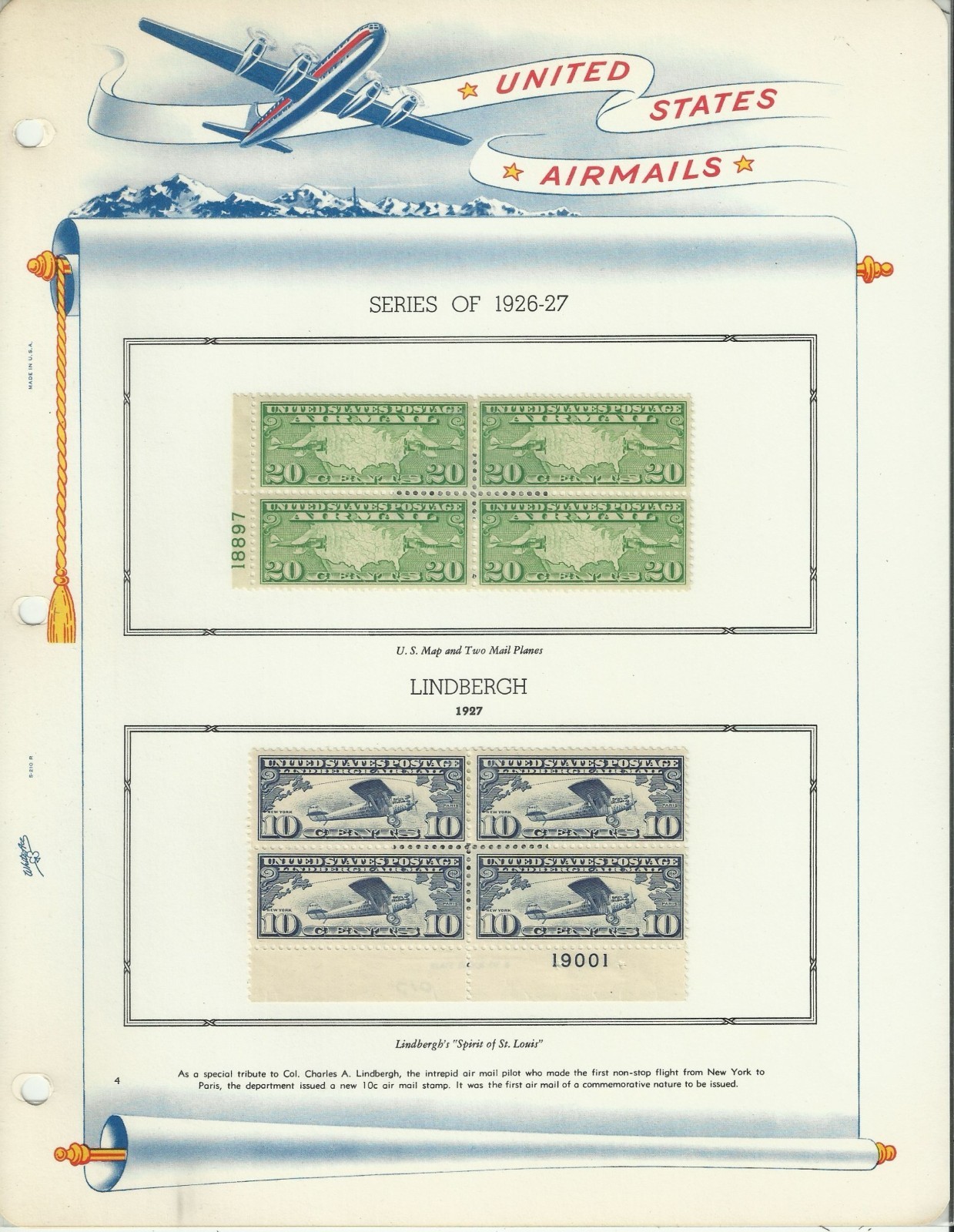 USA Stamps: Air Mail Plate Blocks & Singles on White Ace Album Pages. SCV $350+