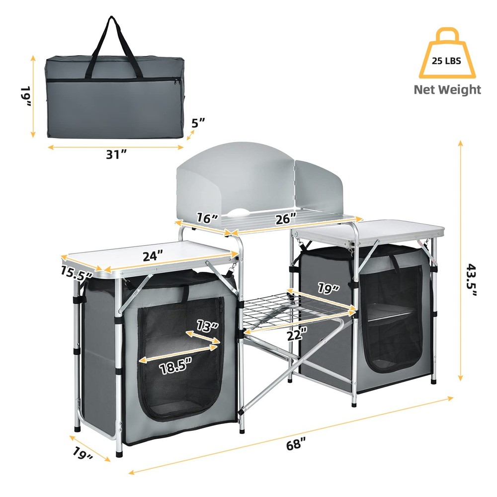 Camping Kitchen Station, Folding Grill Table with 26'' Tabletop, 2 Side Table...