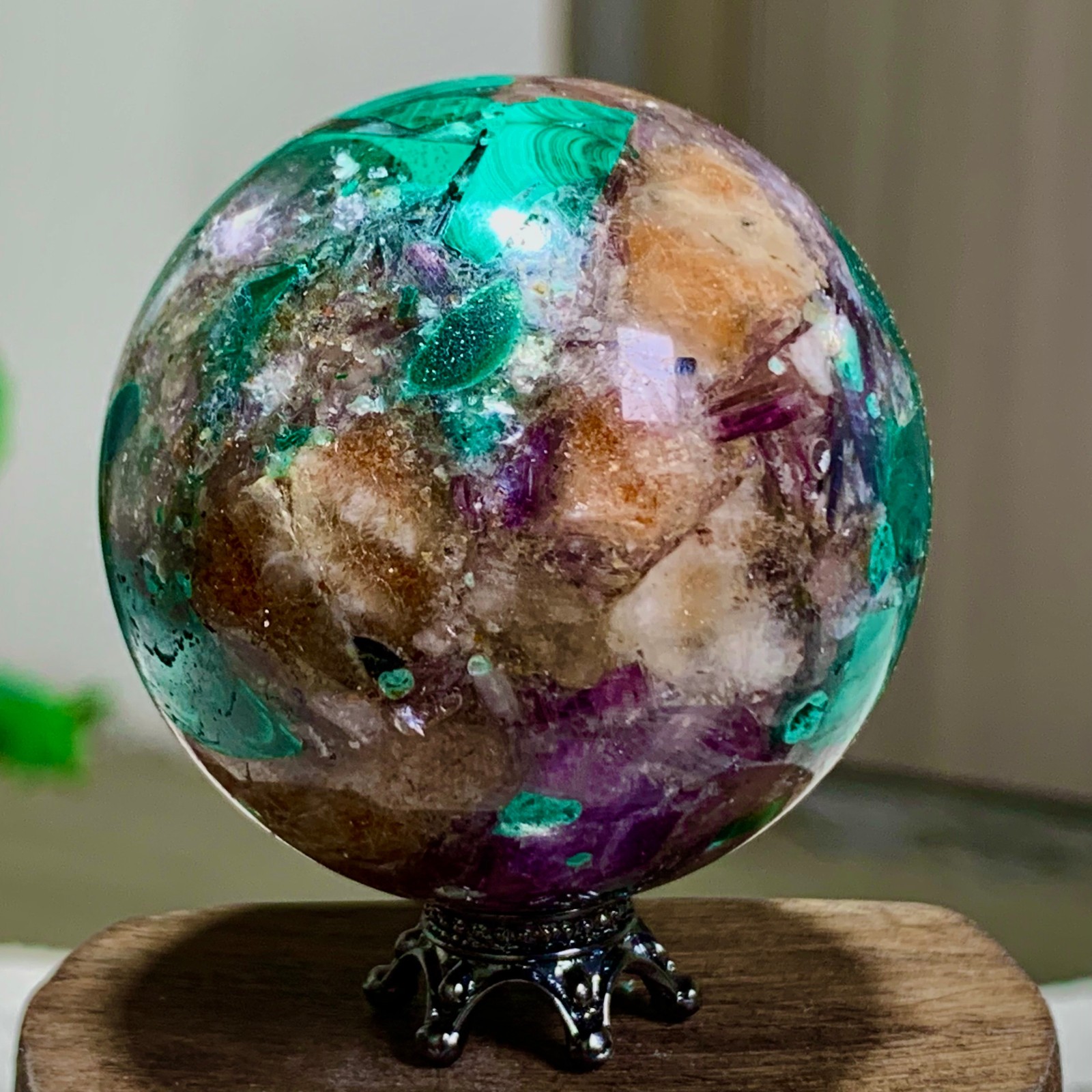 116G Newly discovered rare malachite purple mica symbiotic sphere restoration