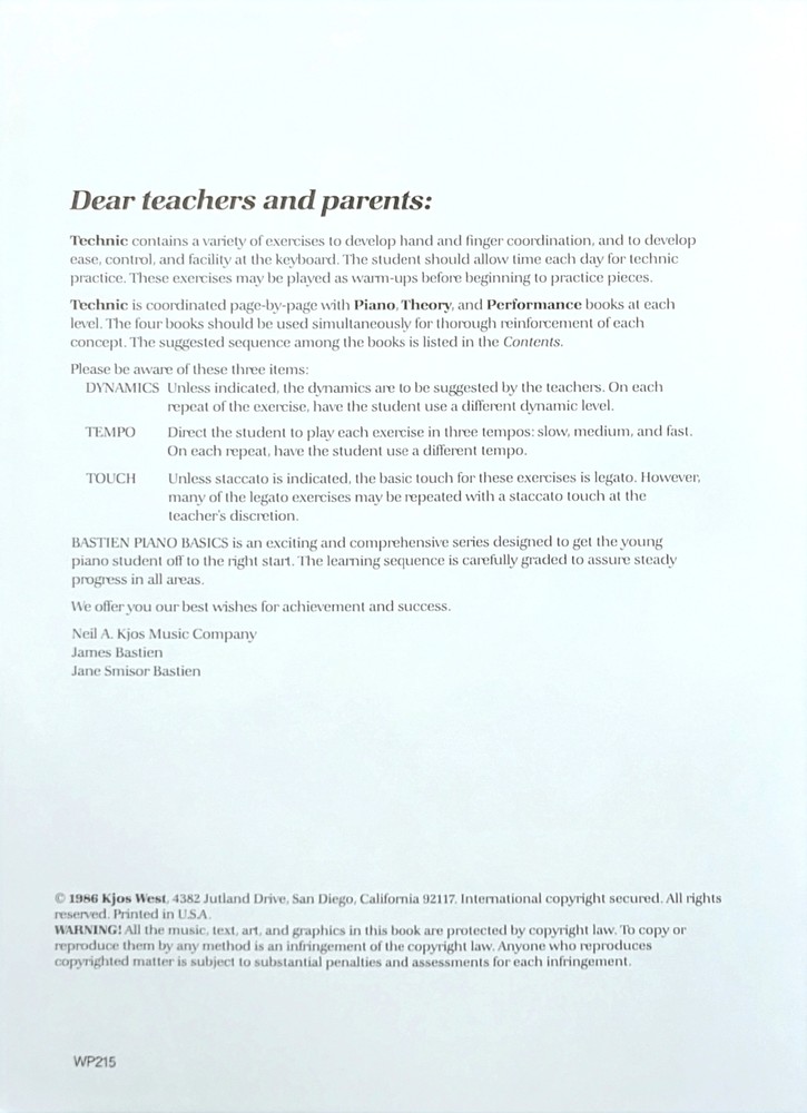 Bastien Piano Basics Technic Primer Level