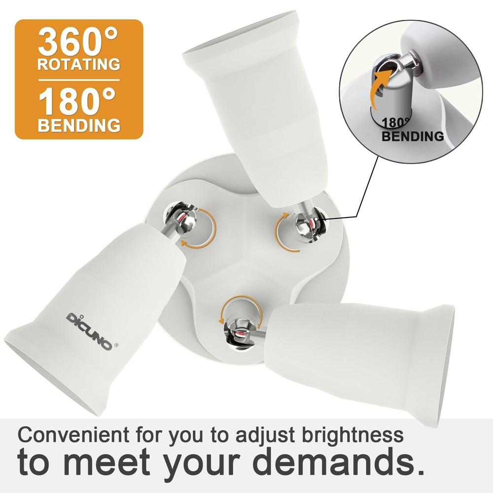 3 in 1 E26 Light Socket Splitter Adapter, Standard Base LED Bulb Converter, 360