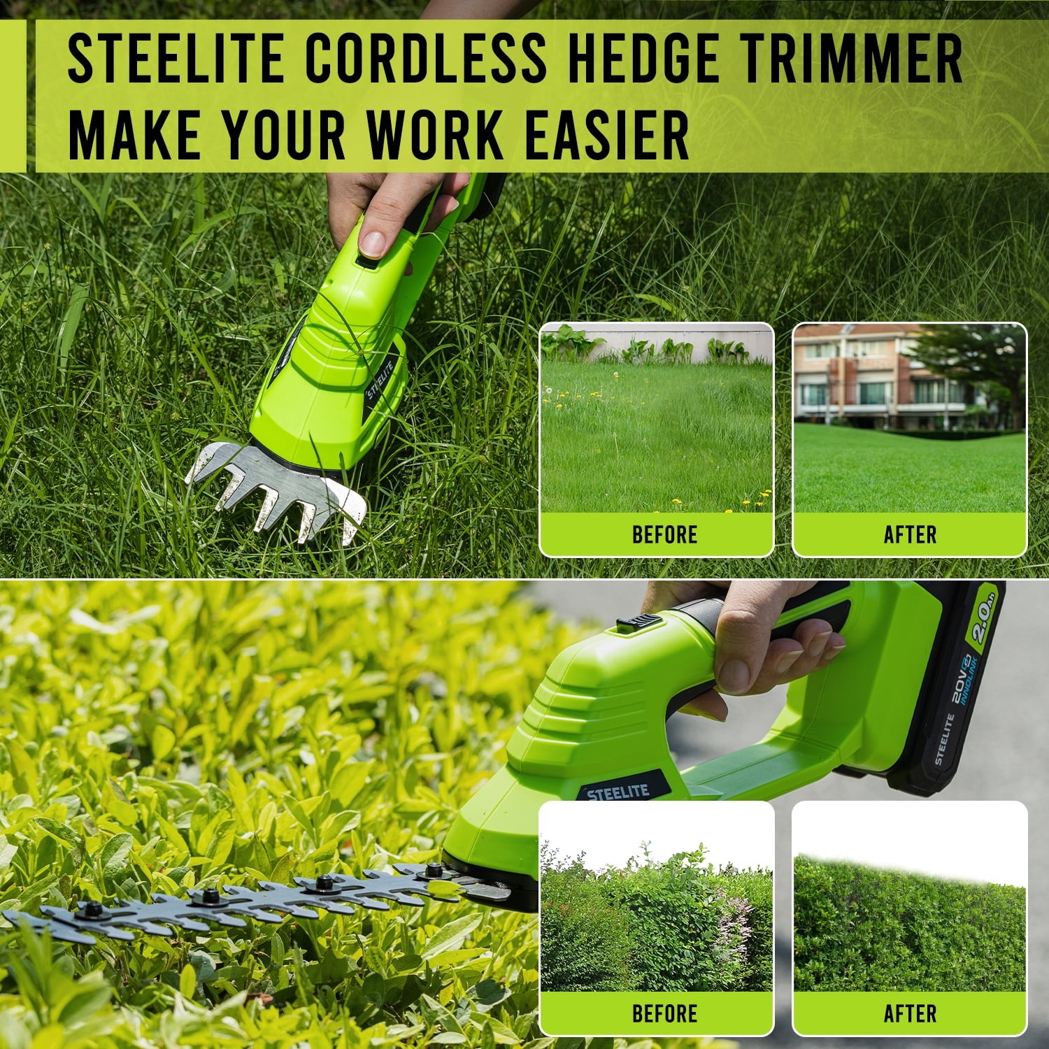 Steelite 21V Cordless Hedge Trimmer 2 in 1 Electric Grass Shear & Shrub Trimmer