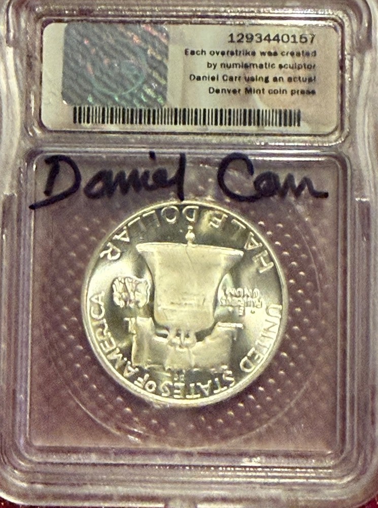 Moonlight Mint Dan Carr 1948-DC proof-like Franklin Silver Half Overstrike