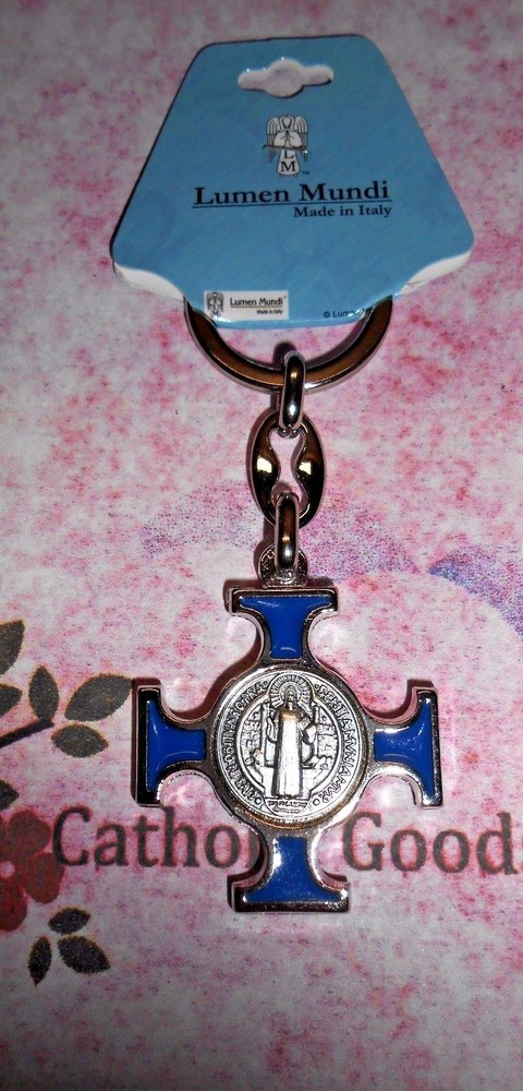 St Saint Benedict Cross Medal  Key Chain Blue