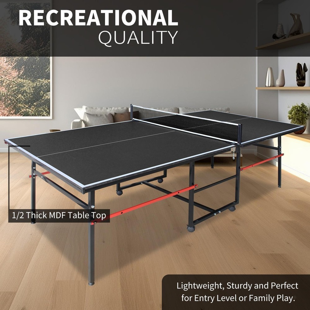 Compact Mid-Size Table Tennis Set: Foldable 8ft Table with Handle, Net, Paddles