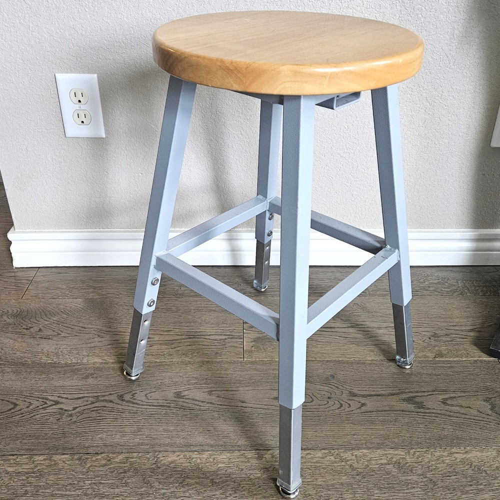 Science Lab Stool, Solid Wood Seat & Steel Frame Adjustable, Gray