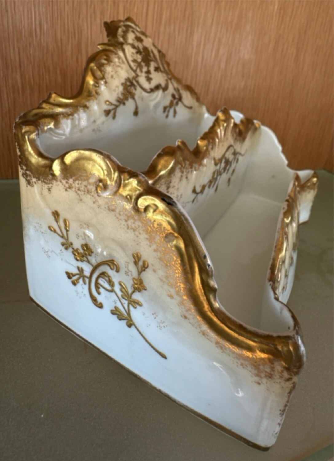 antique c. 1900 AK CD LIMOGES gilt porcelain letter holder desktop accessory