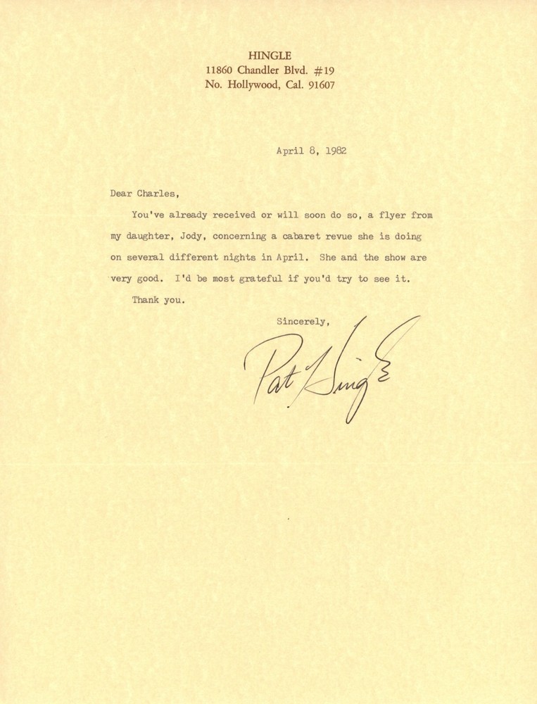 Pat Hingle Signed Letter