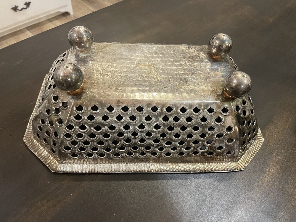 Vintage Silver Tone Ornate Rectangular Open work Hammered Footed Basket 55