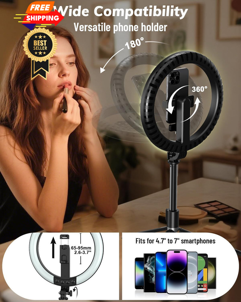 Yeaki Vlogging Kit for iPhone/Android - 10" Selfie Ring Light with 74"...