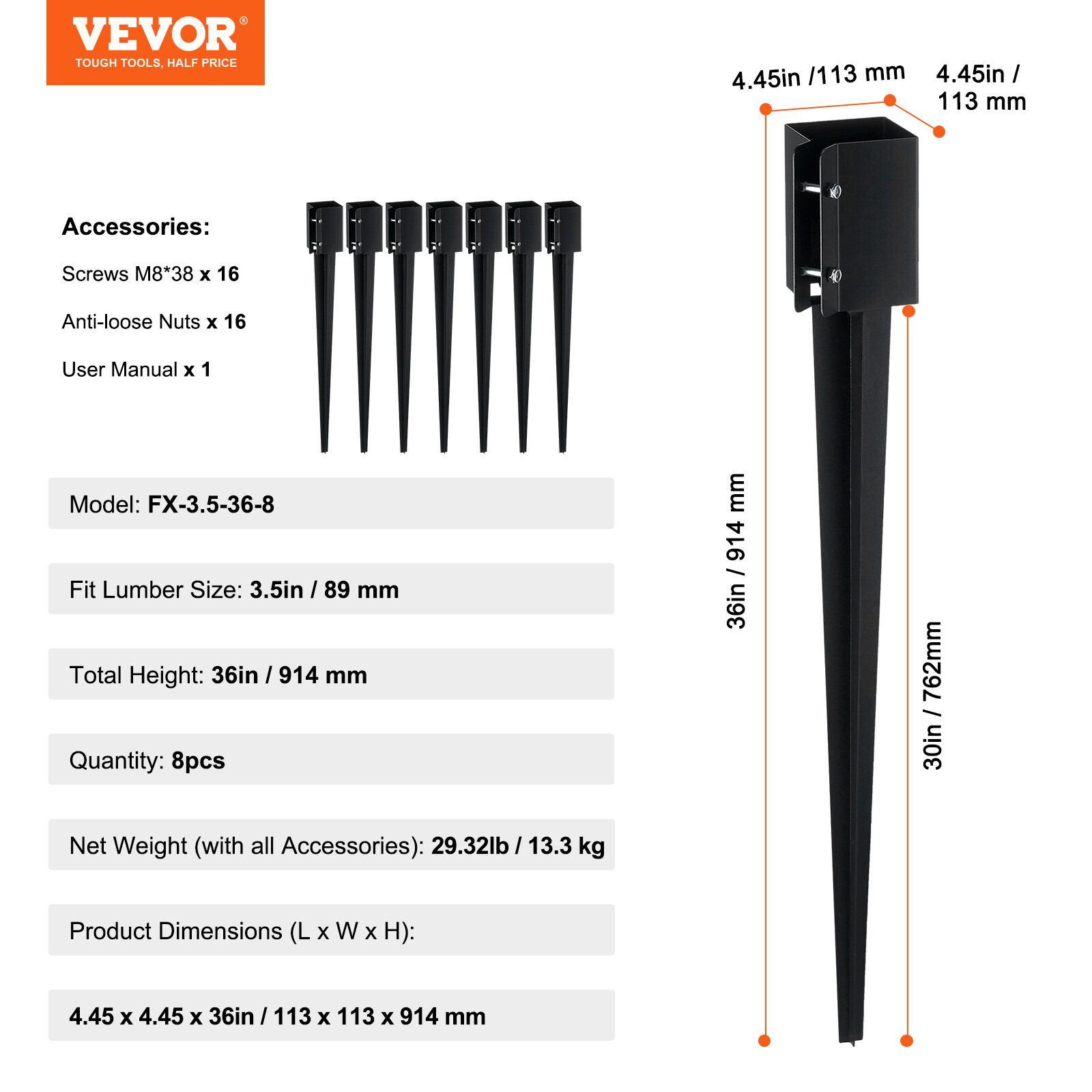 VEVOR Fence Post Anchor Ground Spike 8 Pack 36 x 4 x 4 In Metal Fence Stakes