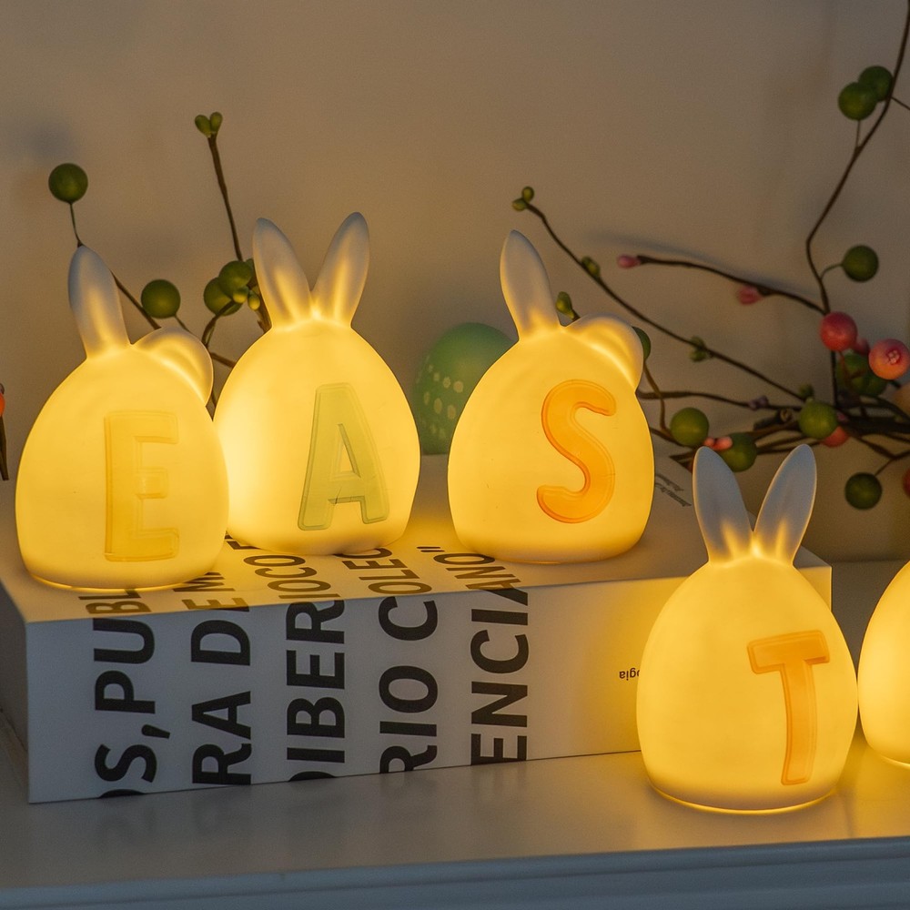 6 Pack Easter Lettered Bunny Decorations, Ceramic Lighted White Rabbit Figurines