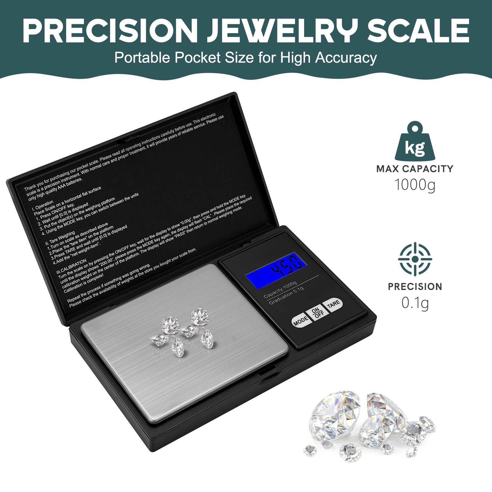 1000g x 0.1g Digital Pocket Scale, High Precision Jewelry Scale for Gold Silver