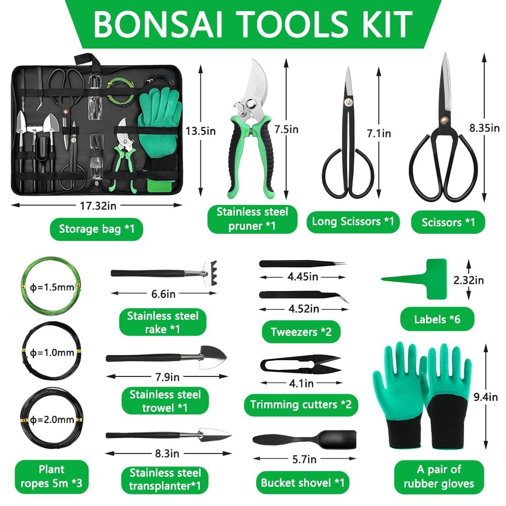 21 PCS Bonsai Tools Set Kit Beginners Pruning Scissors Shears Leather Bag