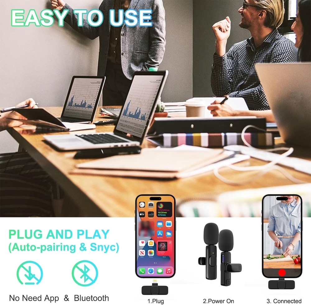2 Pack Wireless Lavalier Microphone for iPhone, Professional Lapel Mics, Wireles