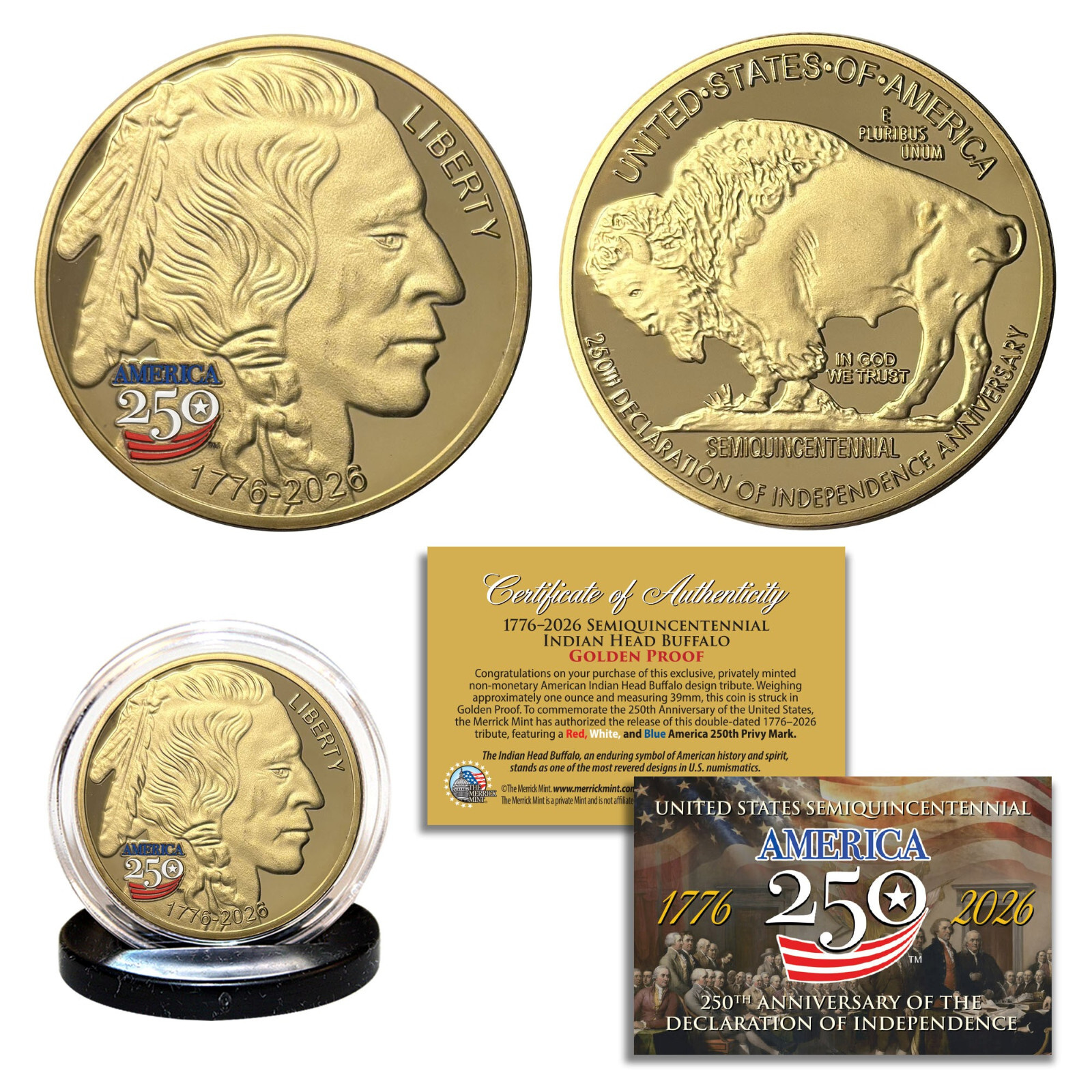 1776-2026 Semiquincentennial AMERICA 250 INDIAN BUFFALO Golden Tribute 1 OZ Coin