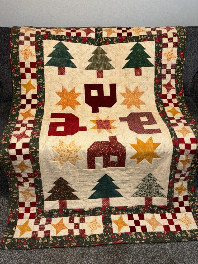 Handmade Christmas Patchwork Quilt Large Wall Hanging Throw 51"x 72" Primitive