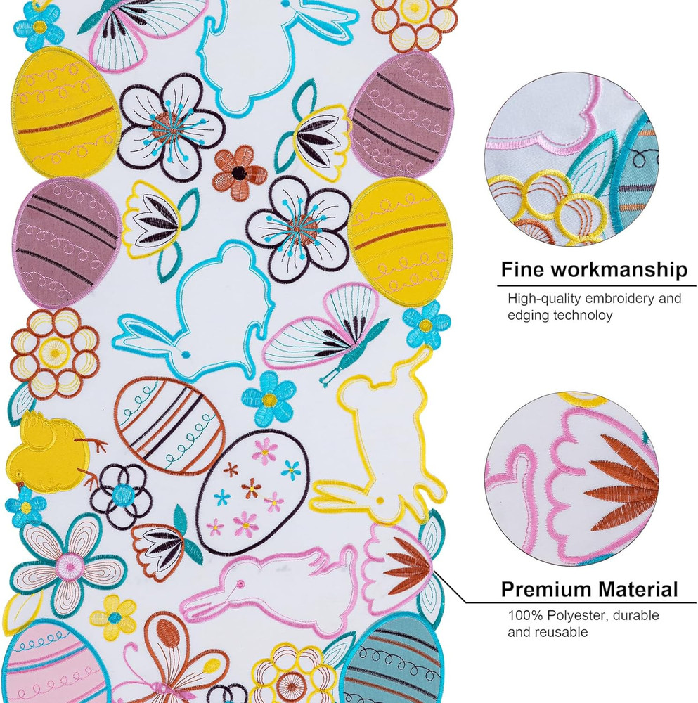 Easter Bunny Eggs Table Runner, Spring Flowers Butterfly Table Runners, Cutwork
