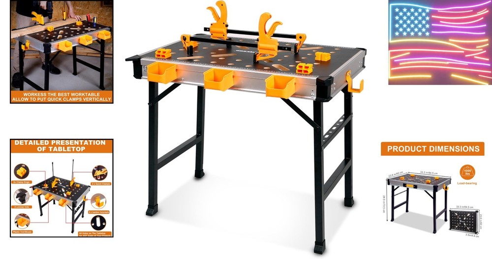Compact Folding Work Table with 1000 lbs Capacity & 3 Tool Boxes for Garage Use