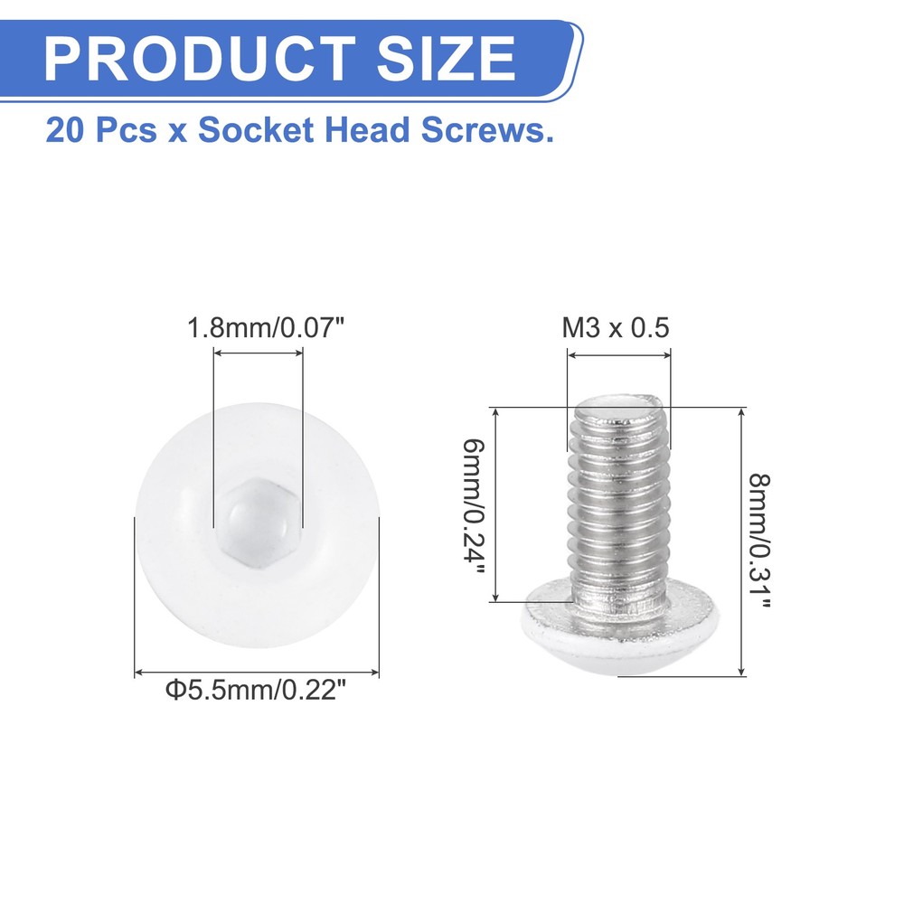 20 Pcs M3-0.5 x 6mm Button Head Socket Cap Screw Machine Screw, White