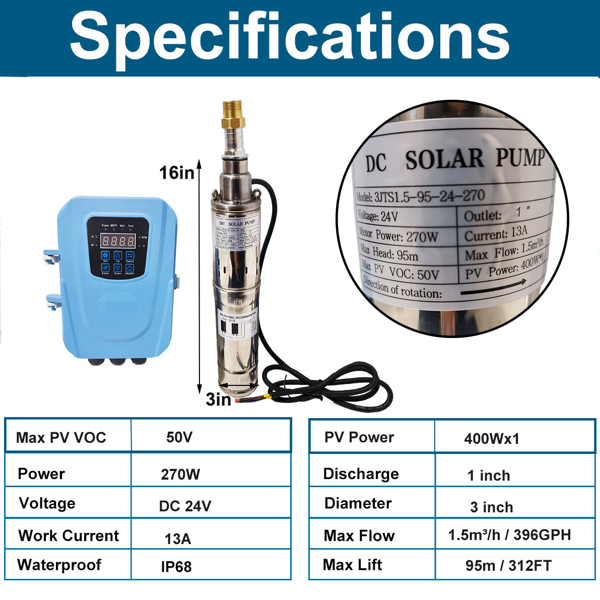 270W 3" Solar Pump Submersible Pump Bore DC 24V Deep Well Pump + MPPT Controller