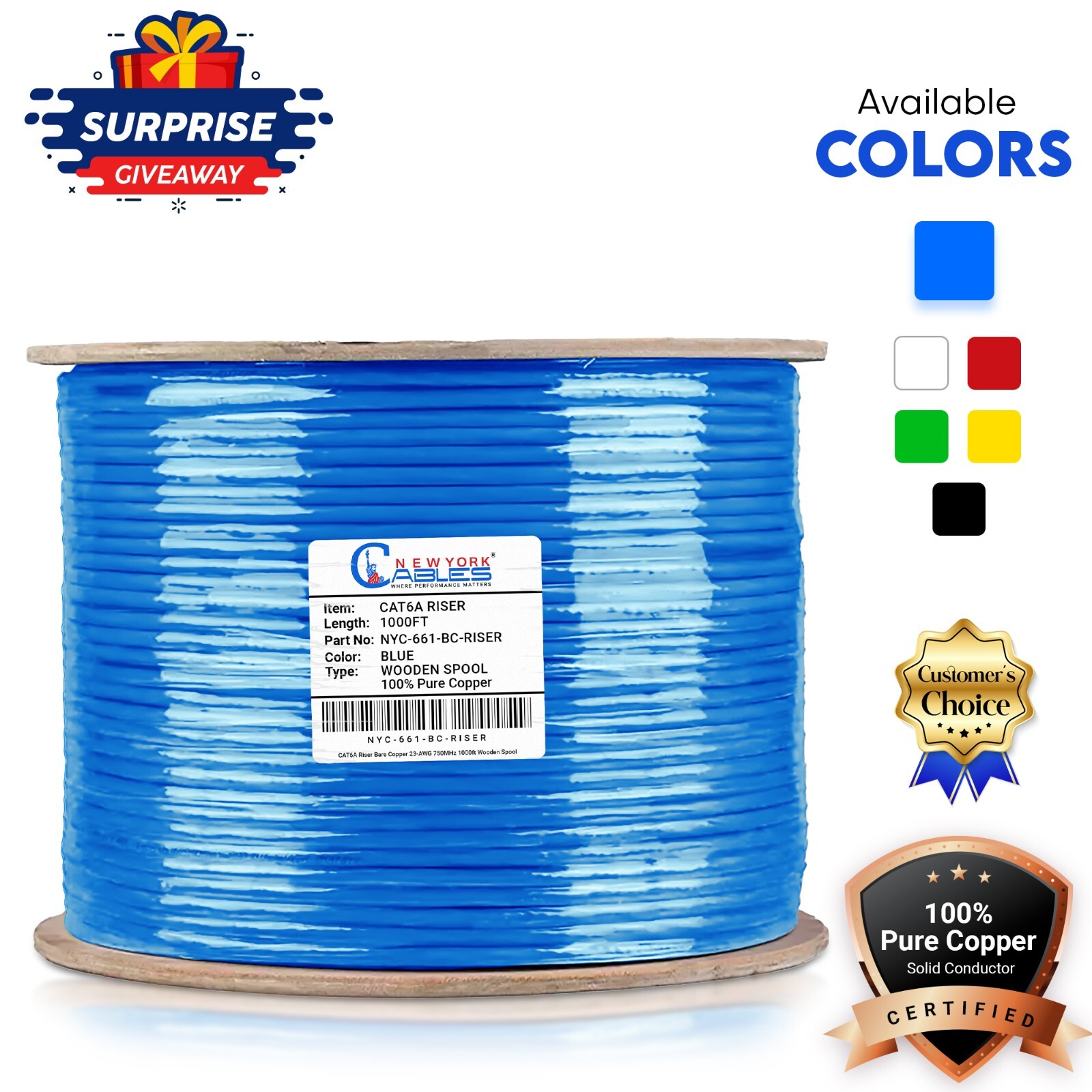 CAT6A Riser 1000ft Ethernet Cable Solid Bare Copper CMR 750Mhz UTP Bulk Blue