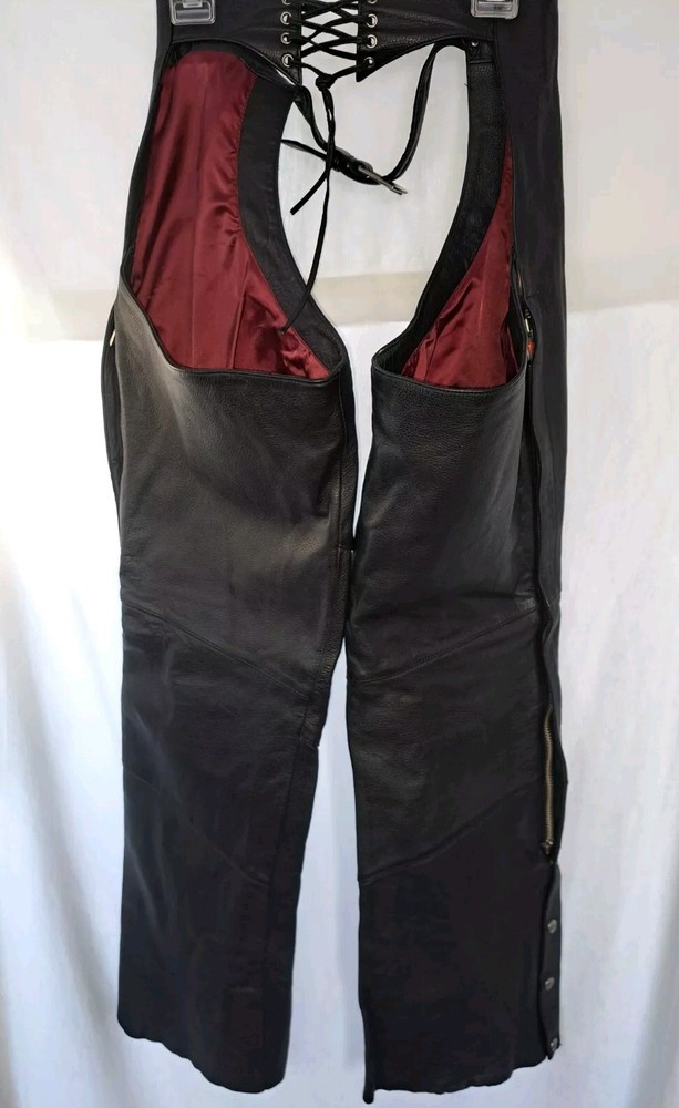 Women's Black Leather Power Strip Black Chaps/ Size Medium