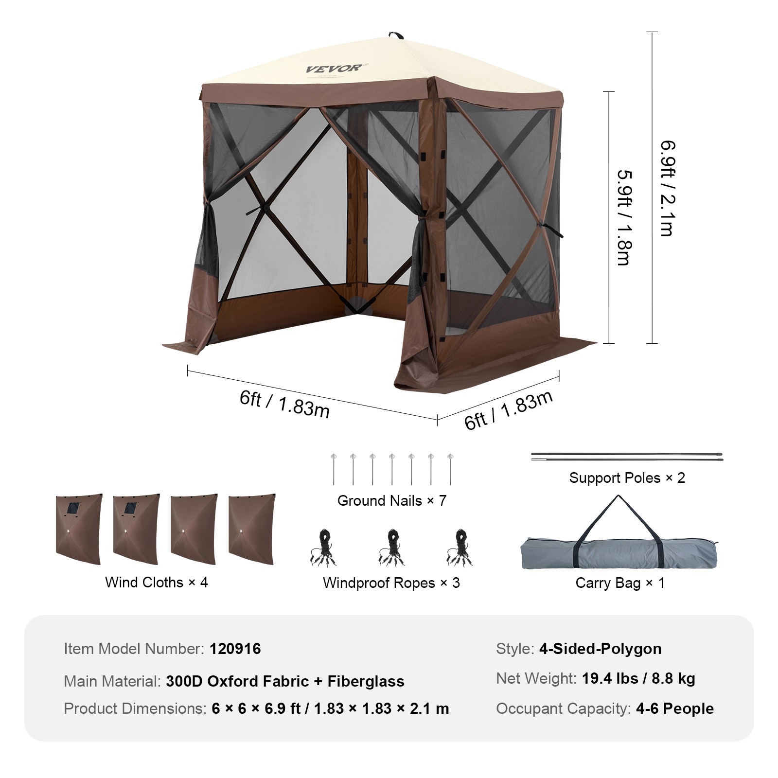 VEVOR Pop Up Gazebo Tent Pop-Up Screen Tent 4 Sided Canopy Sun Shelter Brown