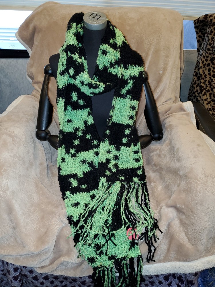 Crocheted Black And Green Hat And Scarf Set