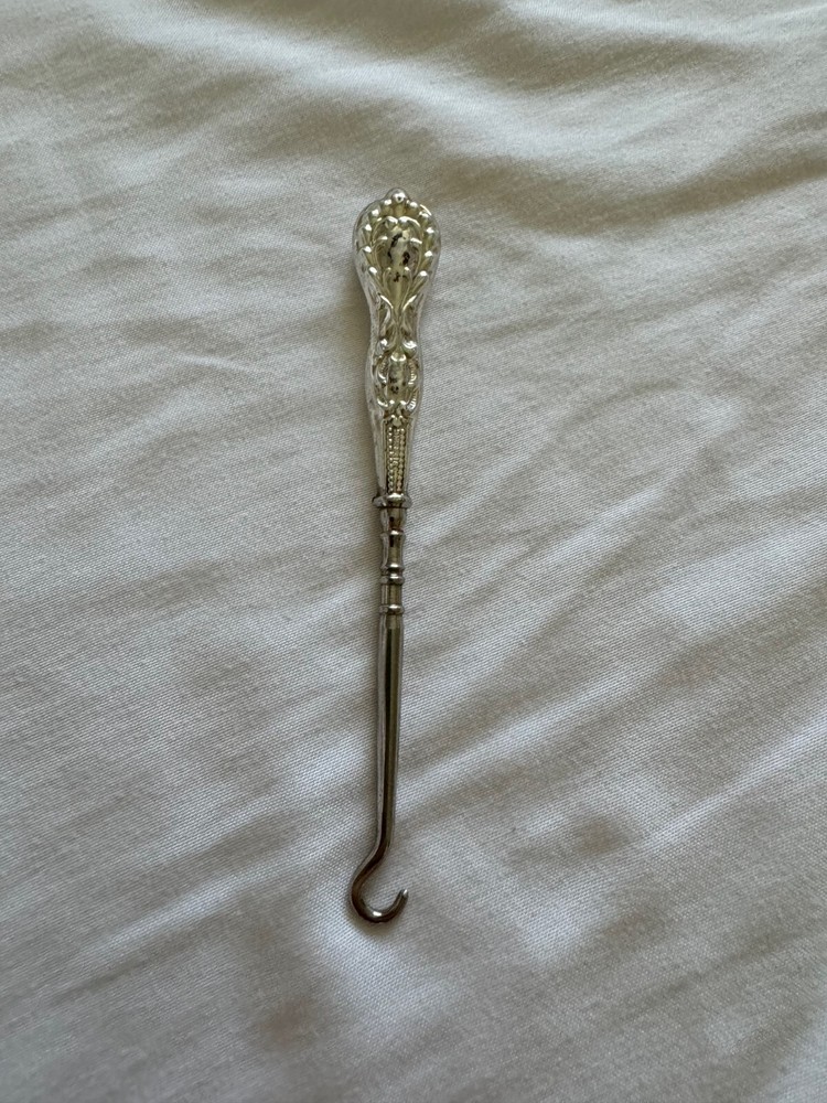 Antique Sterling Silver Handle Button Hook w/ Beaded & Scrolling Design