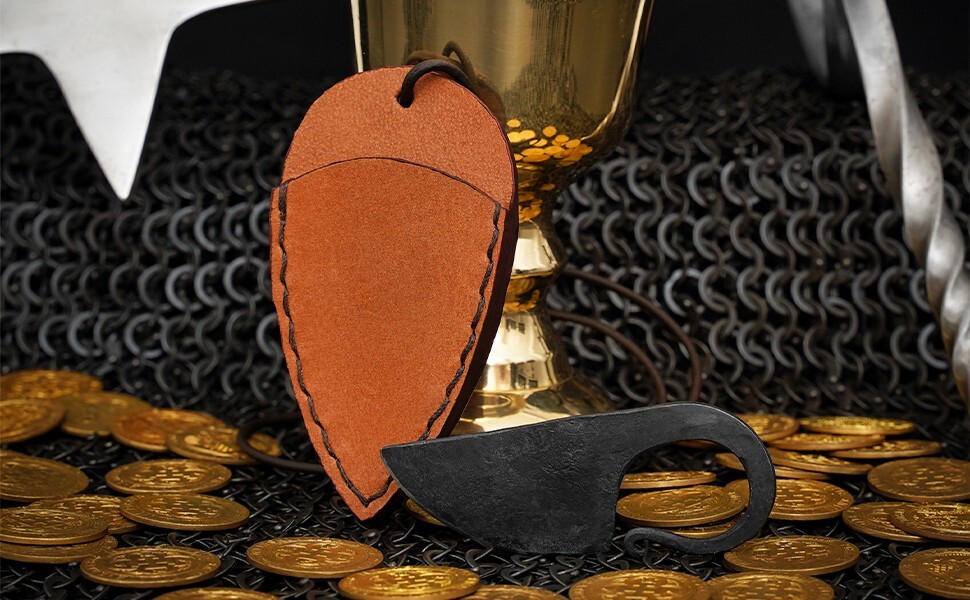 Hunting Pocket Knife Hand Forged Celtic Blade with Necklace Leather Sheath Tan