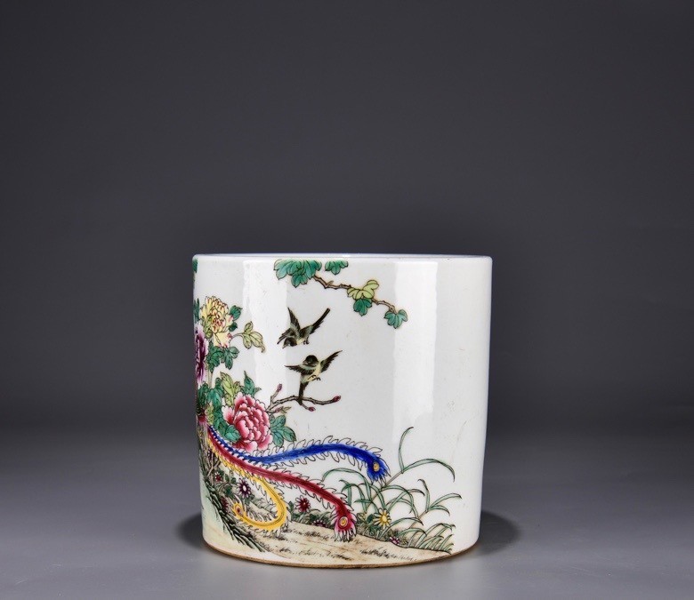 7.8'' YongZheng Marked Famille Rose Porcelain flower bird Brush Pot pencil vase