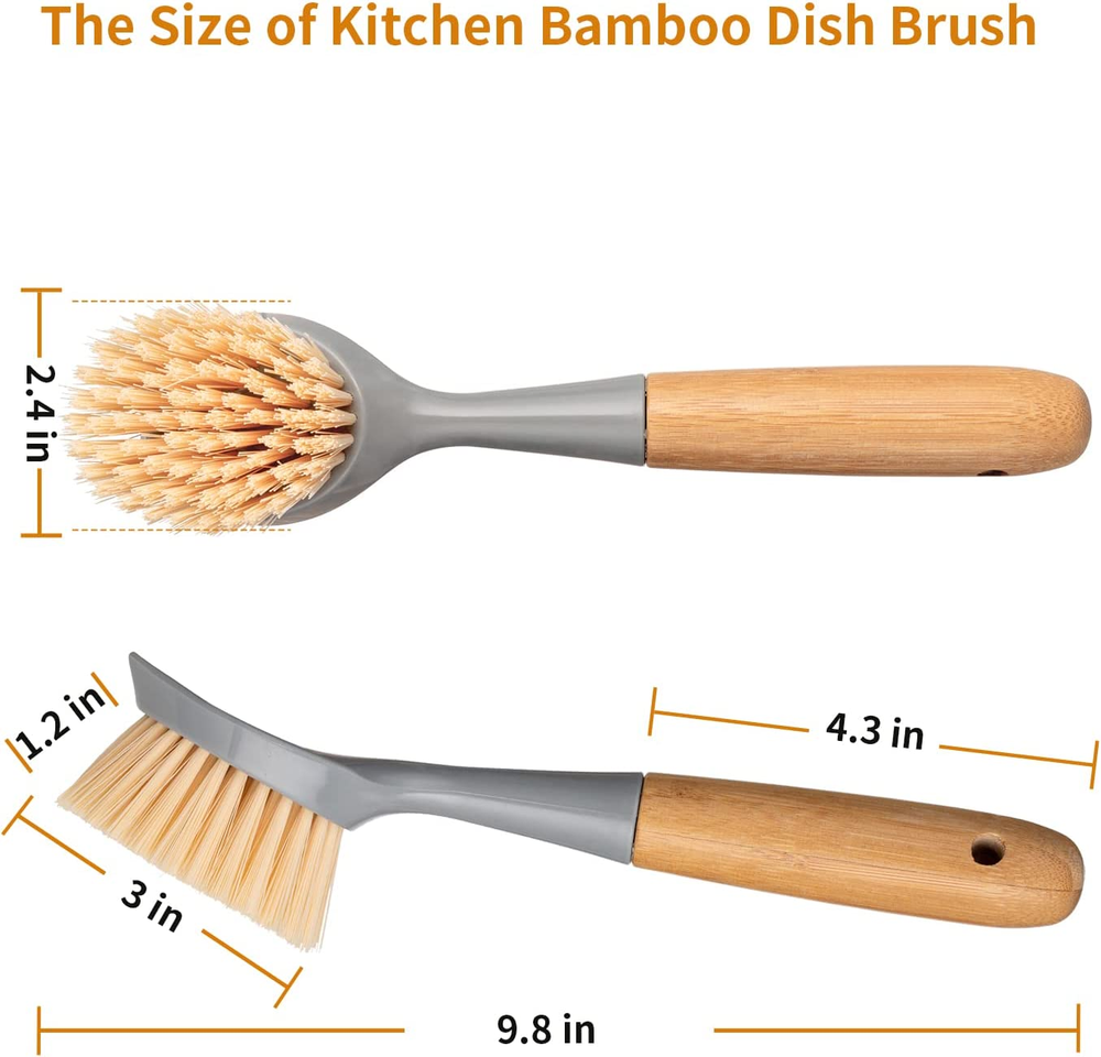 2 Pack Kitchen Dish Scrubber Bamboo Handle Brush Built-in Scraper Scrub Scraper