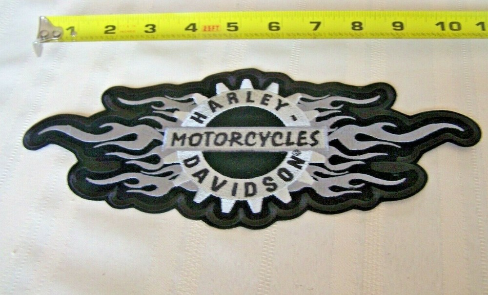 Harley Davidson Flame Bar & Shield Black Silver Back Vest Patch 11 x 5