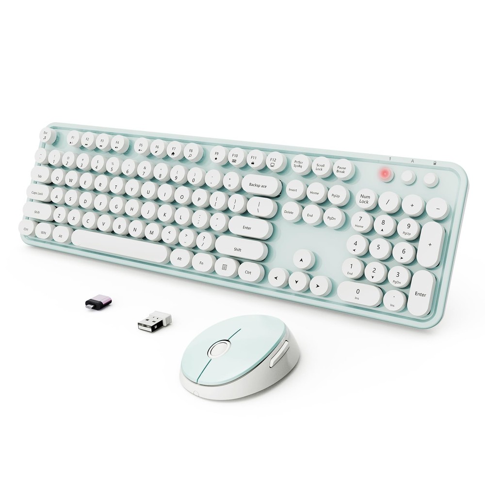 Wireless Keyboard and Mouse Combo Ergonomic Full Size Typewriter Retro Round ...