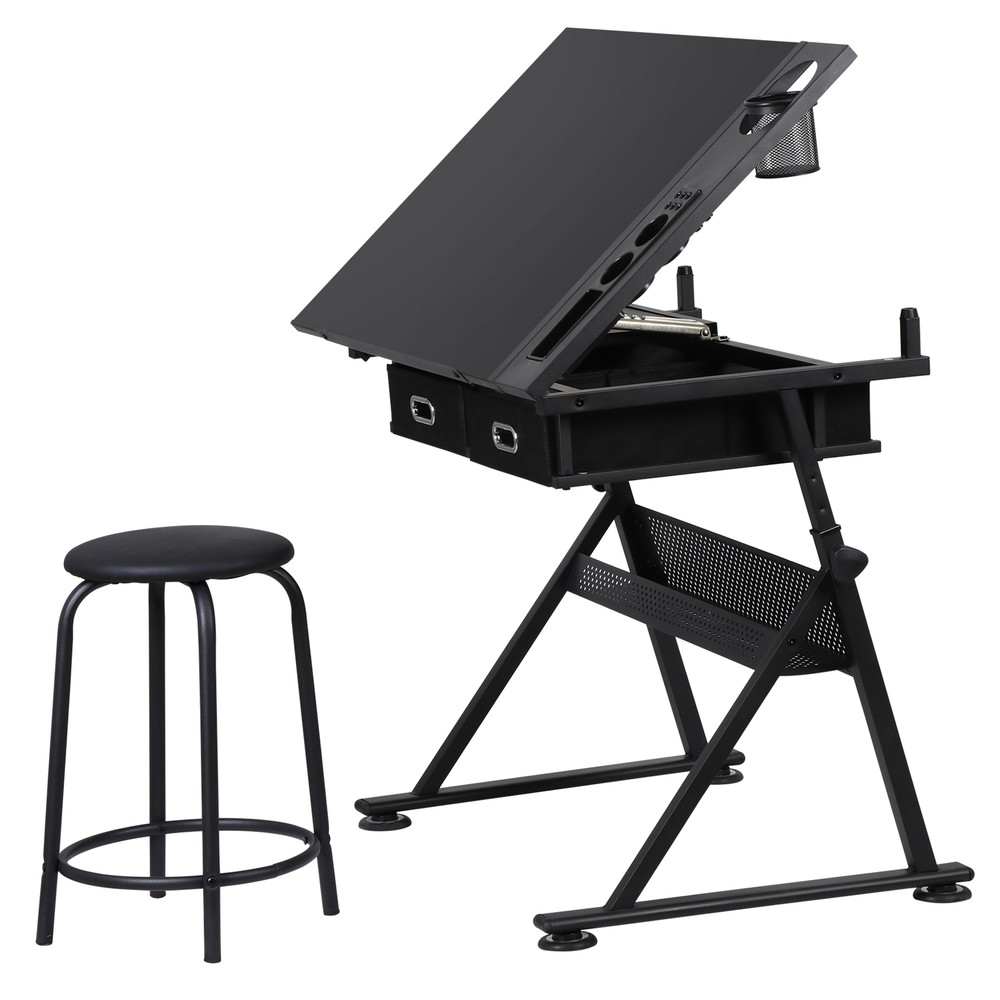 Height Adjustable Art Desk Tilting Tabletop Drafting Drawing Table w/ 2 Drawers
