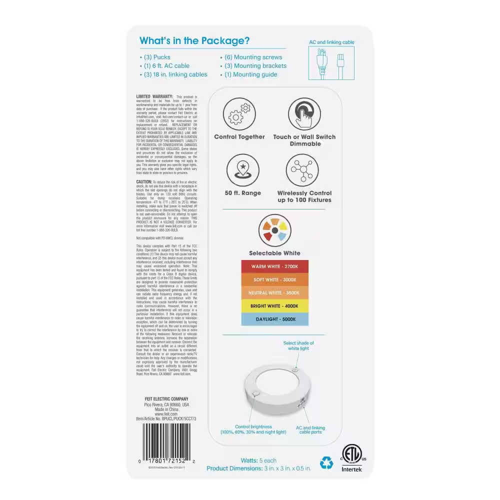 3 In. Plug-In White Dimmable Linkable Integrated LED Color Changing CCT Onesync