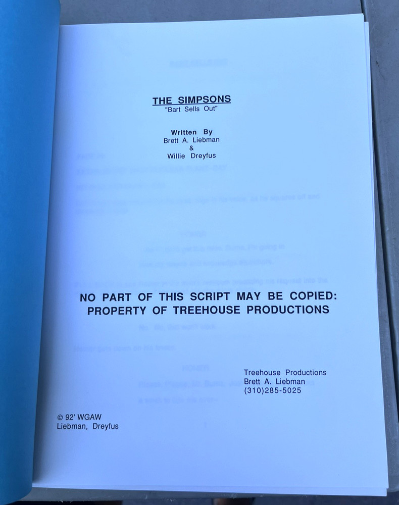 The Simpons Series Spec Unproduced Script Lot Bart Sells Out & First Girlfriend