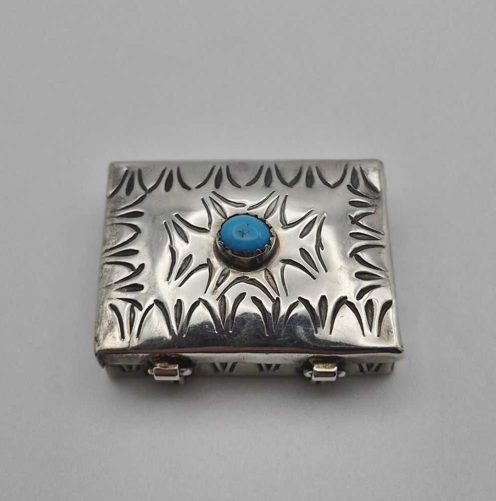 Vintage Sterling Silver Pill Box Rectangular Engraved Blue Turquoise 14.3g