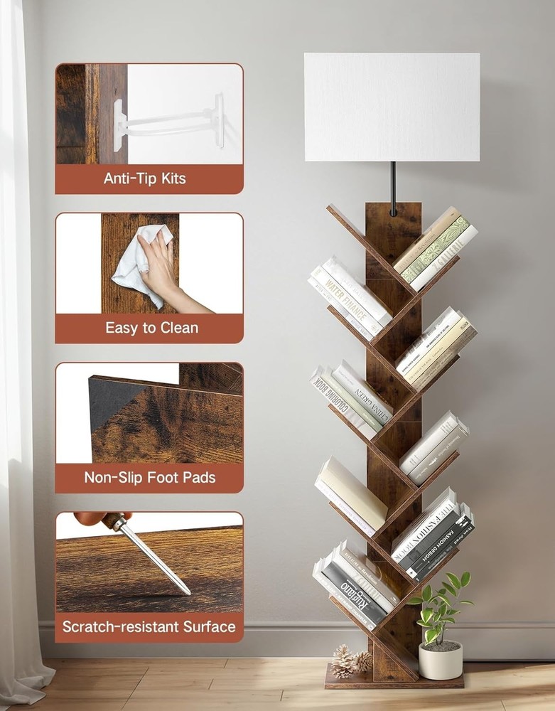 9 Tier Tree Bookshelf with Light, Remote & Timer, Modern Tall Floor Standing ...