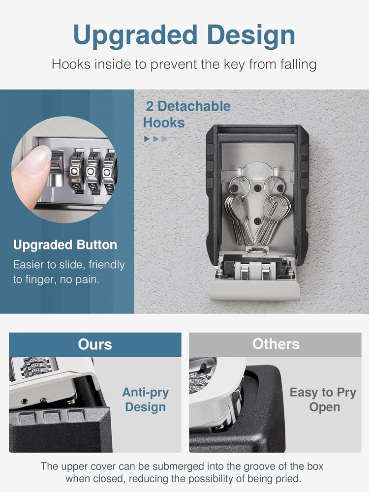 Key Lock Box with Key Hook, Resettable 4-Digit Combination, Waterproof Key Stora