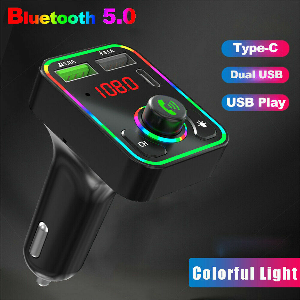 Bluetooth 5.0 Car Wireless FM Transmitter Adapter 2-USB PD Charger Colorful LED