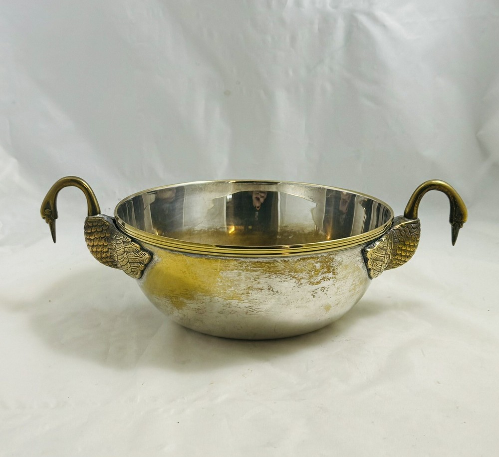 Antique Solid Brass Silverplate Large Bowl With Duck Handles