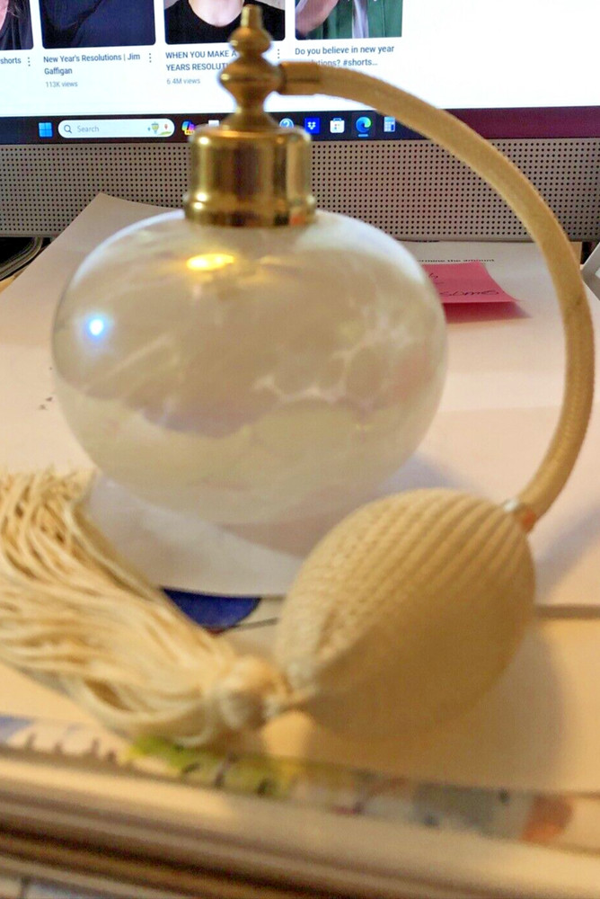 Atomizer Perfume Bottle Iridescent White w/ White Atomizer & Tassel/ Iridescent