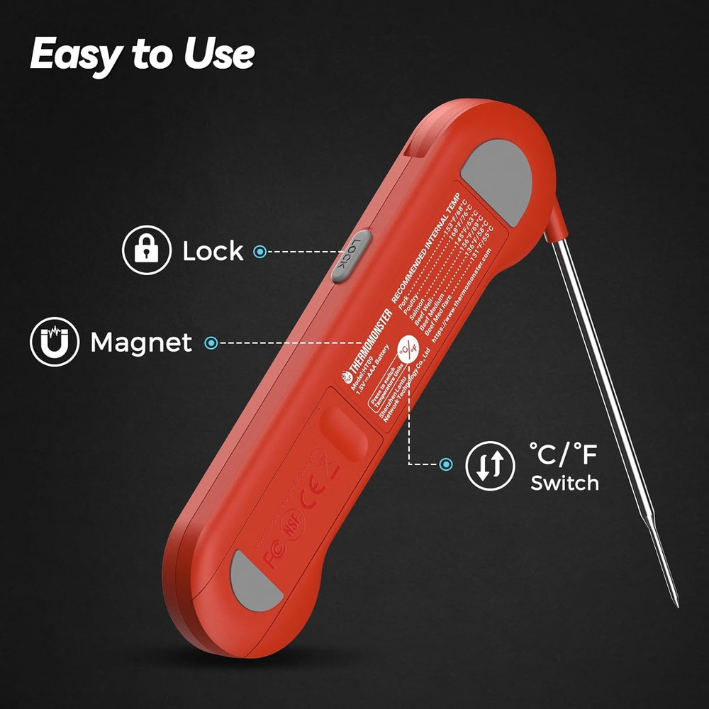 Instant Read Digital Meat Thermometer with ±0.5℉ Precision - Red