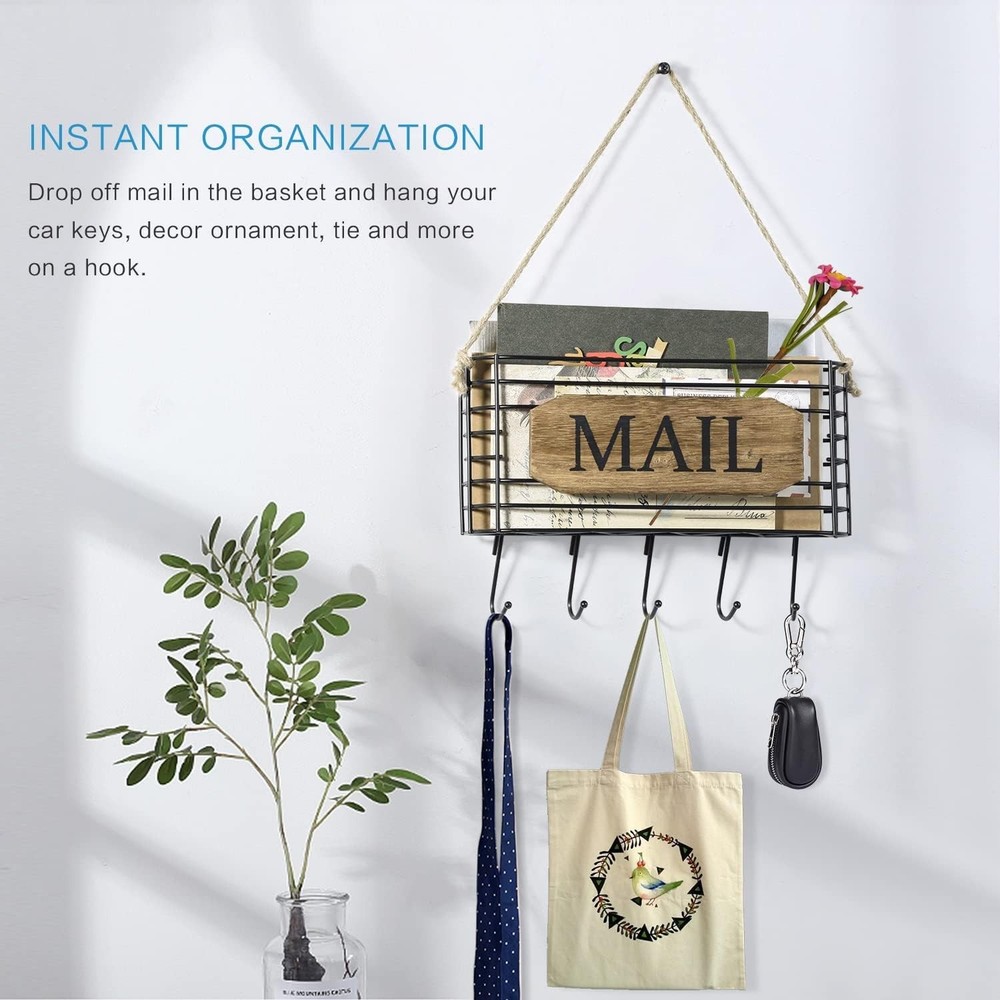 Elegant Rustic Mail Holder and Key Organizer with Hooks - Space Saving Design