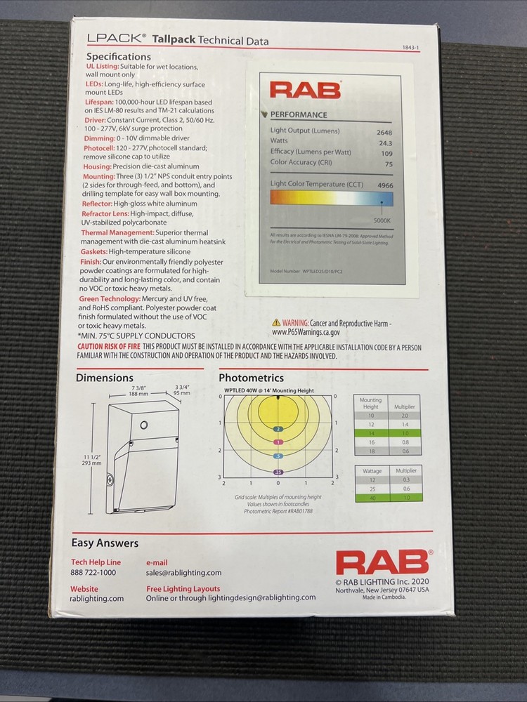 RAB LED Wallpack WPTLED26/D10/PC2 Light Fixture 5000K