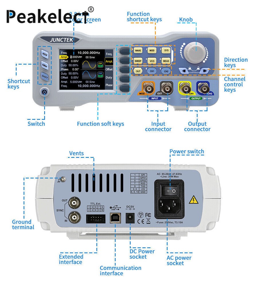 Peakelect JDS8000 Function Arbitrary Waveform Generator Dual Channel 60Mhz 80Mhz