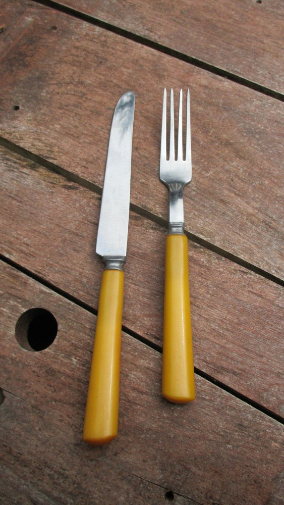 Vintage Butterscotch Bakelite Dinner Fork & Knife Stainless
