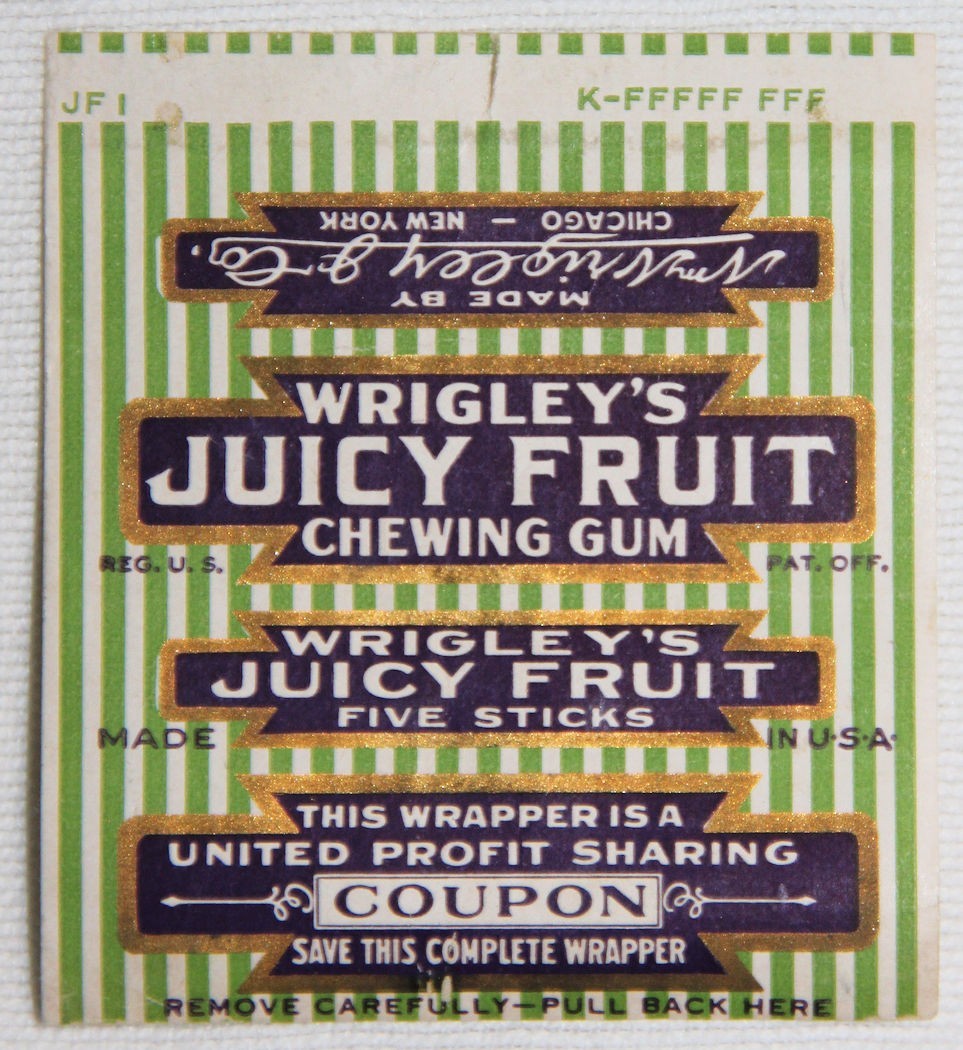 ORIGINAL WWII WRIGLEY'S JUICY FRUIT CHEWING GUM WRAPPER W/ PROFIT SHARING COUPON